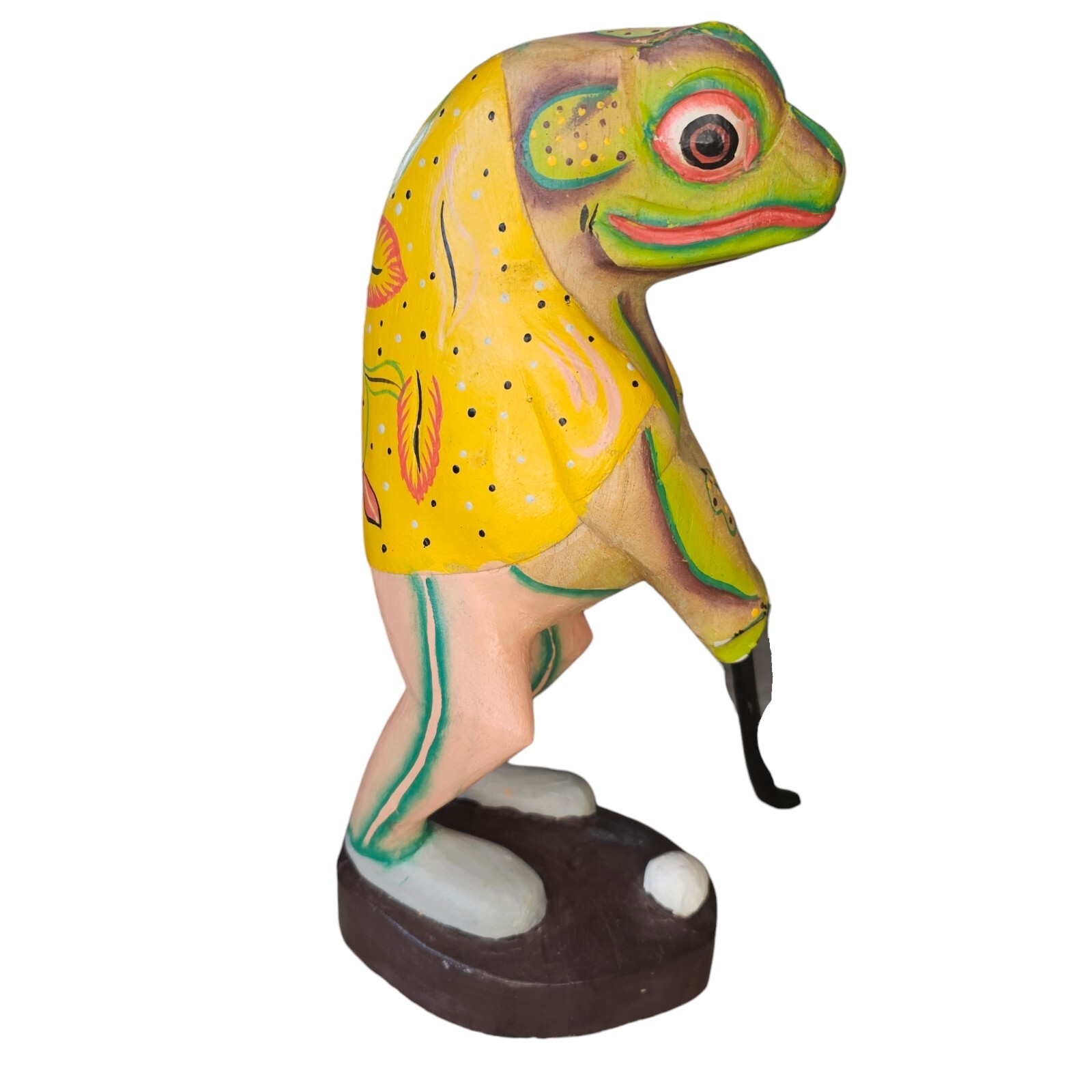 Vintage Handcarved Wood Golfing Frog Handpainted Sculpture Unique Tropical 11″