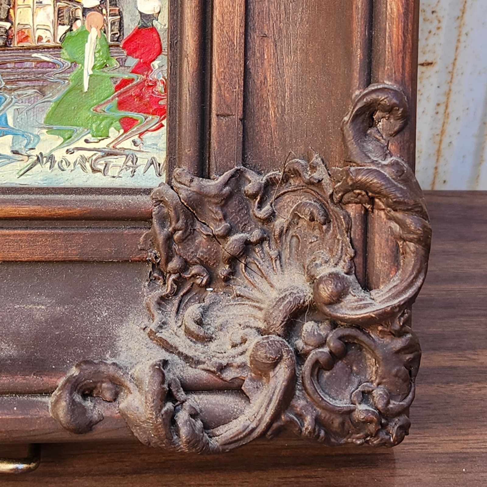 Vintage Impasto Paris Street Scene Oil Painting Ornate Heavy Carved Wood Frame