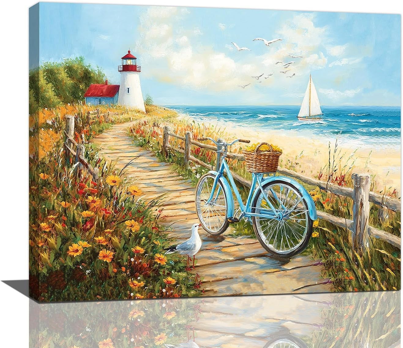 Vibrant Coastal Wall Decor: Framed Beach Bicycle and Lighthouse Canvas, 20”x16”
