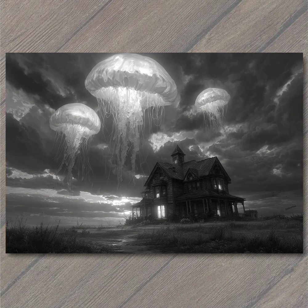 Art Print Flying Jellyfish Over House Monochrome Sky Clouds Glowing Alien Creatu