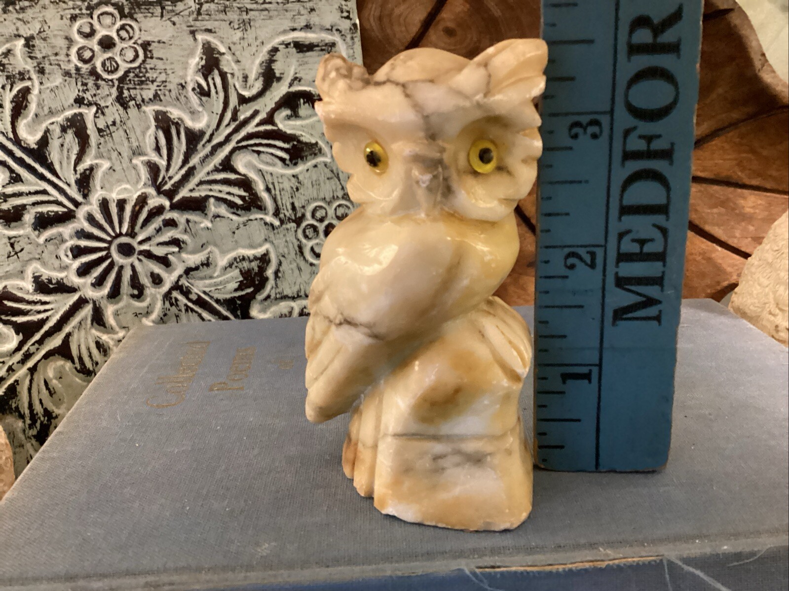 ALABASTER OWL Figure Handcarved Made in Italy Orange Brown Vintage Peck & Peck