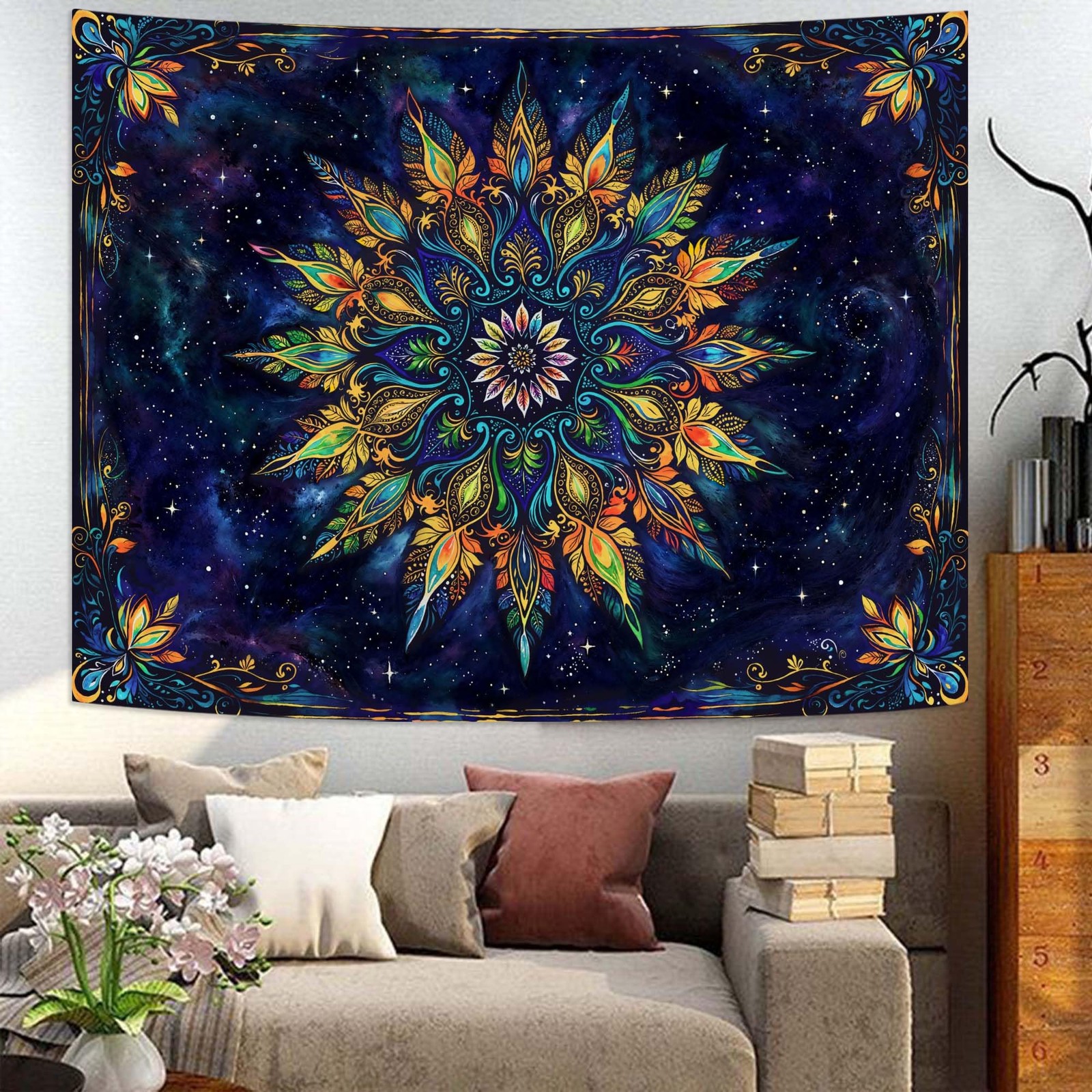 Boho Floral Mandala Tapestry for Bedroom Aesthetic Blue Bohemian Colorful Flower