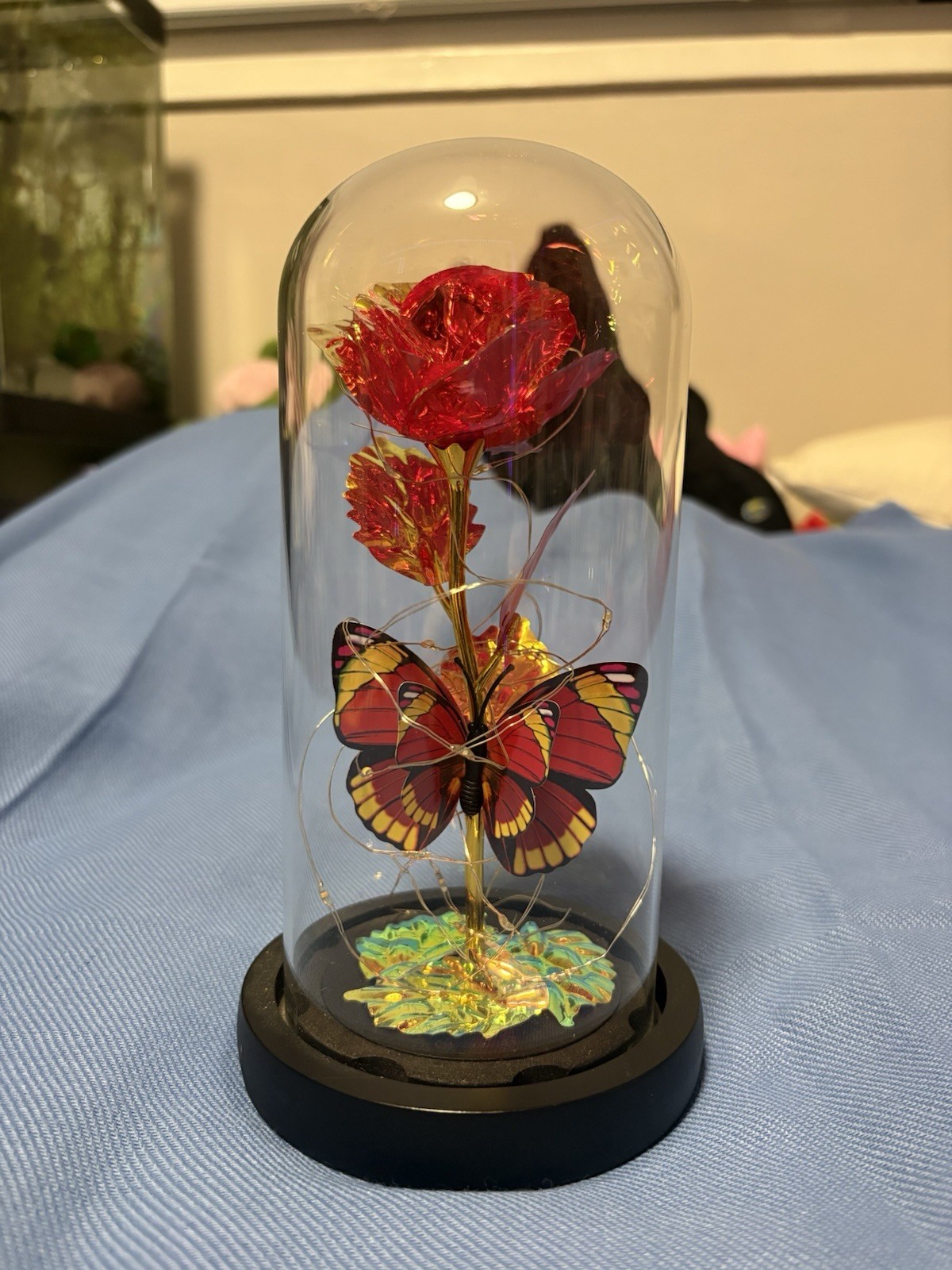 Galaxy Rose In Glass H8”&W3.5” Dome With Led Light And Butterfly. AAA Batteries