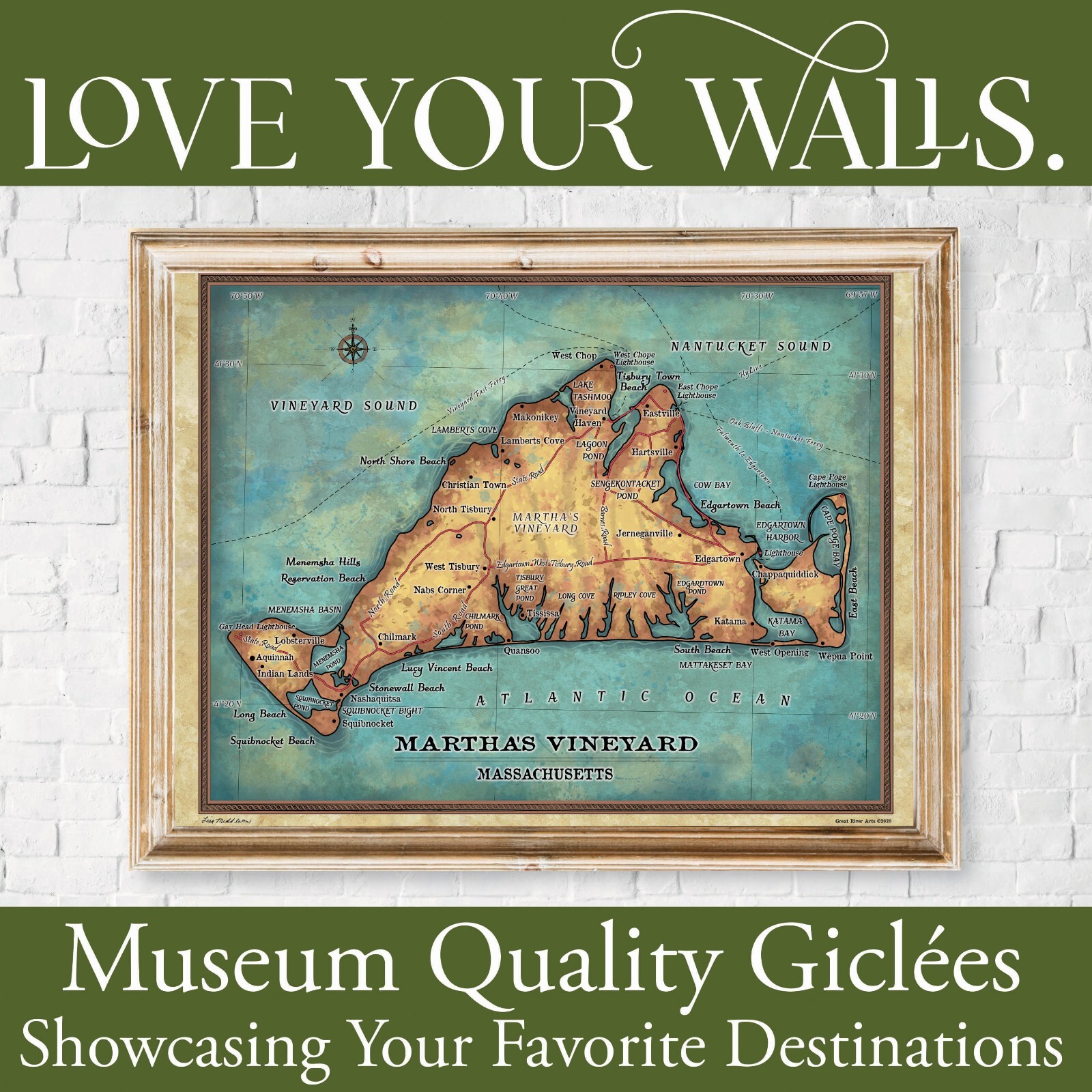 Martha’s Vineyard Massachusetts Map Art Print Poster Vintage Wall Decor Home