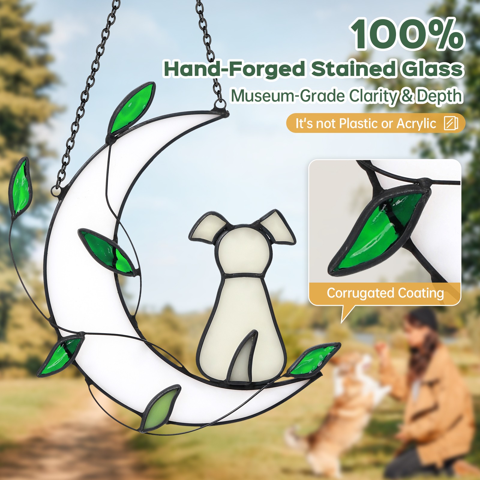 Green Leaf Dog Sunlight Catcher – Moon-Inspired Outdoor Window Hanging Gift