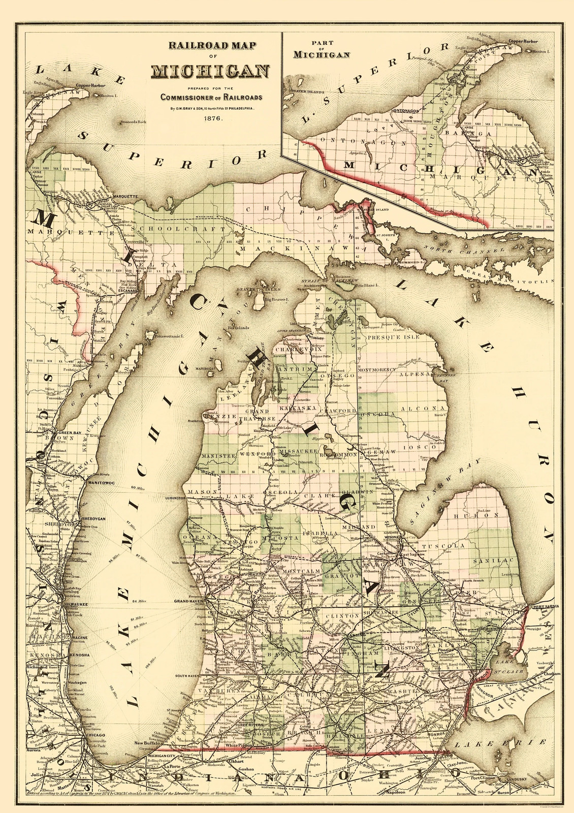 Railroad Map – Michigan Railroad Map – Gray 1876 – Vintage Wall Art
