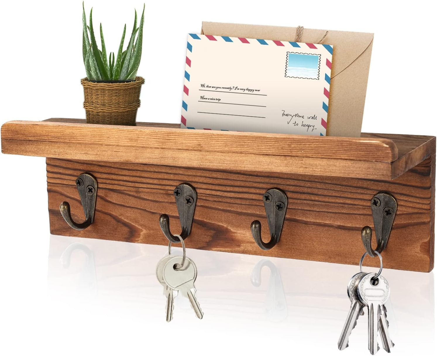 Rustic Key Holder for Wall, Farmhouse Wall Shelf with 4 Hooks, Wall Mounted Key