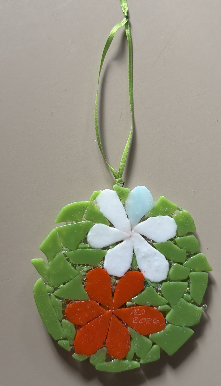 Fused Glass Handmade Round Multicolor Flower Sun Catcher Signed By Artist