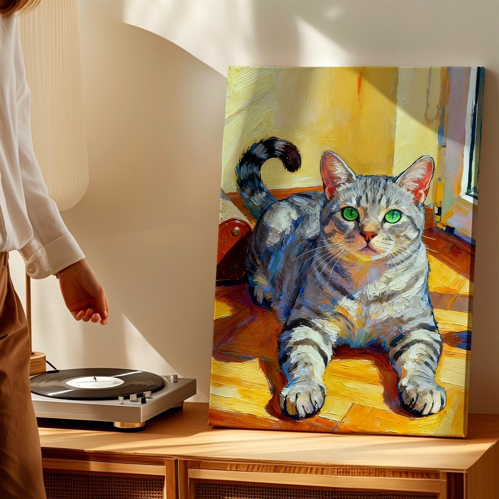 Wall Art Gray Tabby Cat Painting Print Green Eyes Feline Pet Home Decor Gift