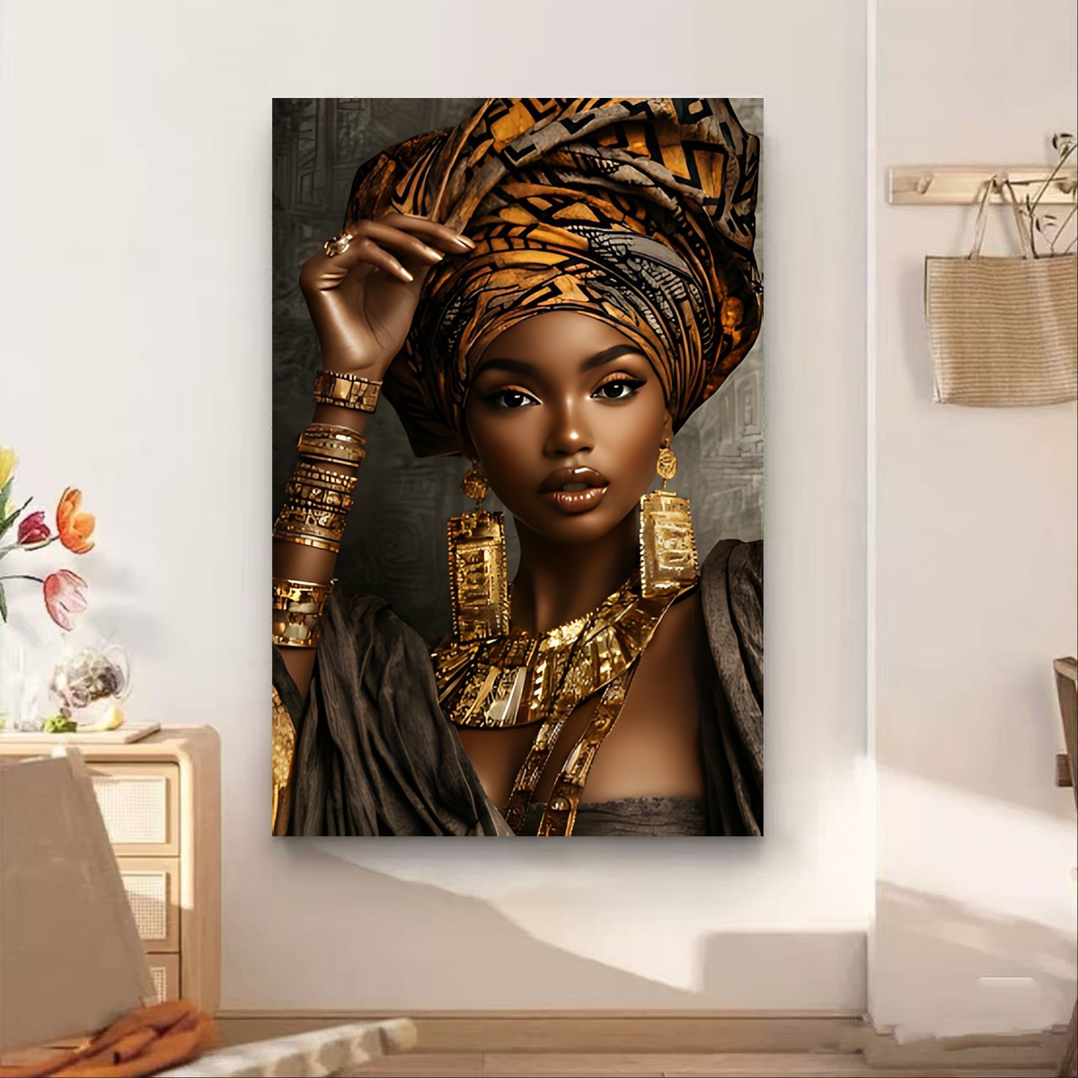 African Queen Canvas Art Black Woman Gold Jewelry Custom Print Personalized Gift
