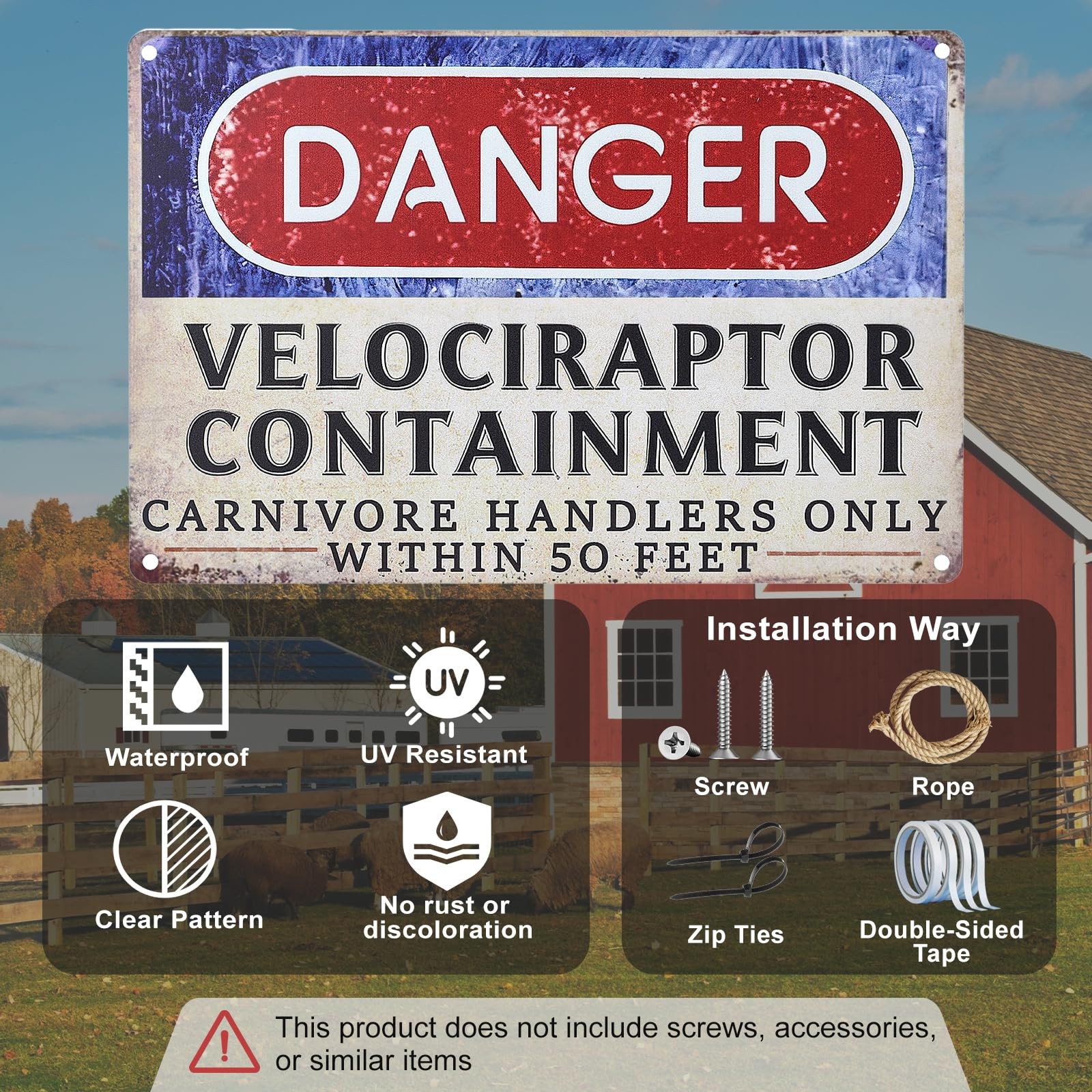 Humorous Animal Caution Metal Sign,Funny Warning 12×8 inches, Velociraptor
