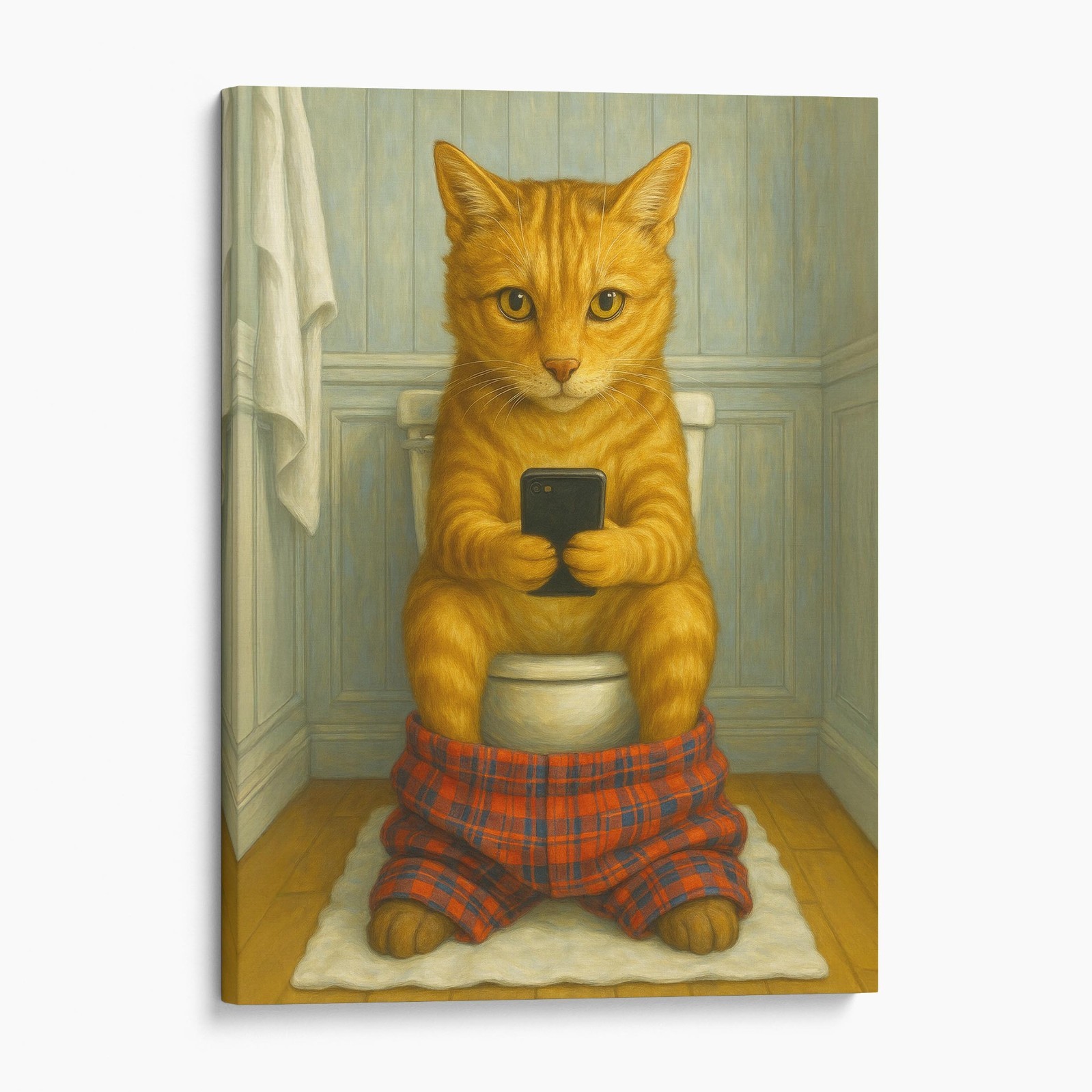 Cat On The Phone On The Toilet Funny Cats Animals Bathroom Canvas Wall Art Print