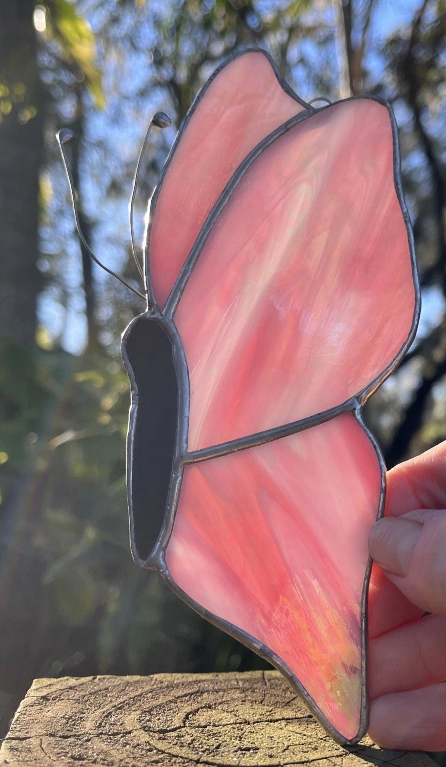 Vintage Aurora Pink Butterfly Stained Glass Sun Catcher 7” Ornament Shimmer