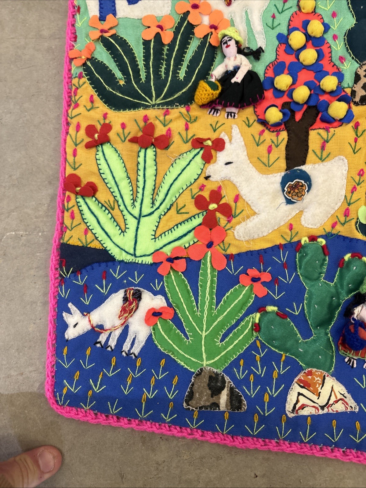Handmade Peruvian Arpillera 3D Applique Wall Hanging 18×19 Andean Village Scene