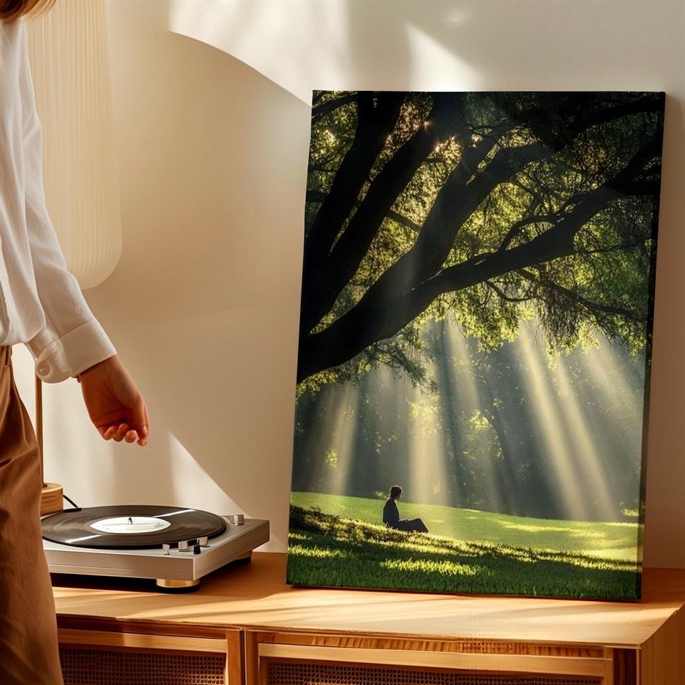 Wall Art Sun Rays Through Tree Forest Landscape Meditating Woman Nature Print