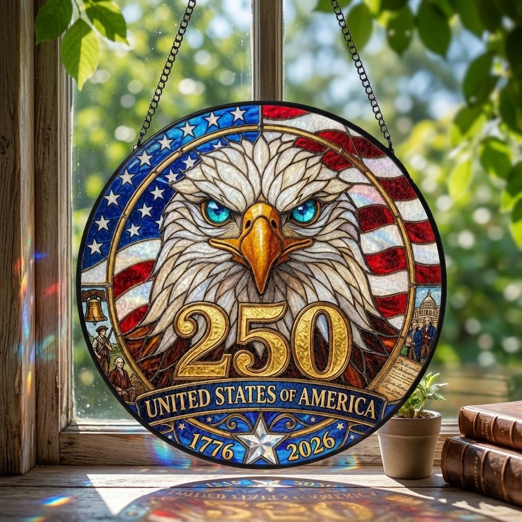 USA 250th Anniversary Stained Glass Suncatcher Patriotic Floral Acrylic Window