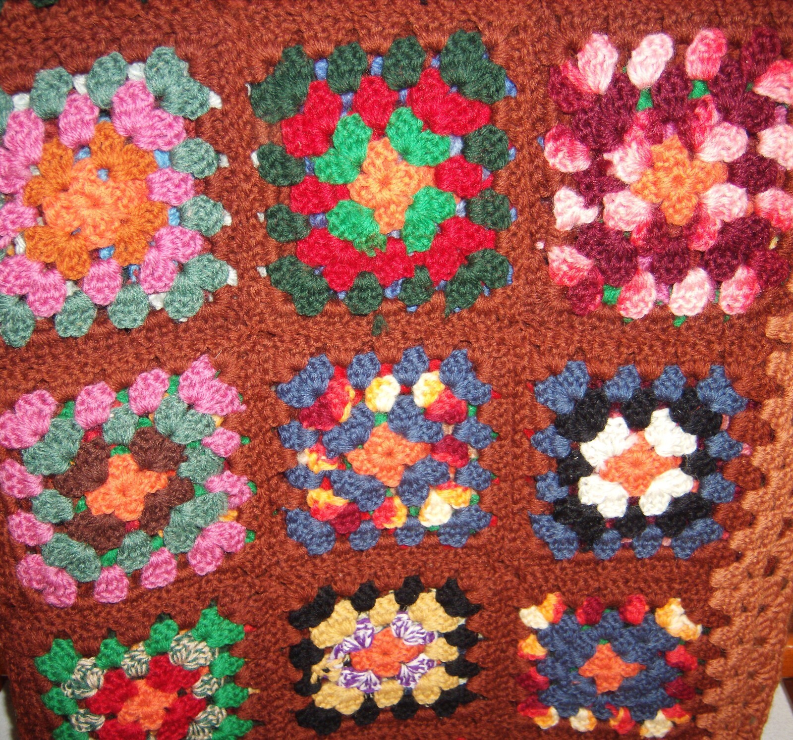 VTG Crochet Granny Square Roseanne Brown Multicolor Afghan Throw Blanket 66”x82”