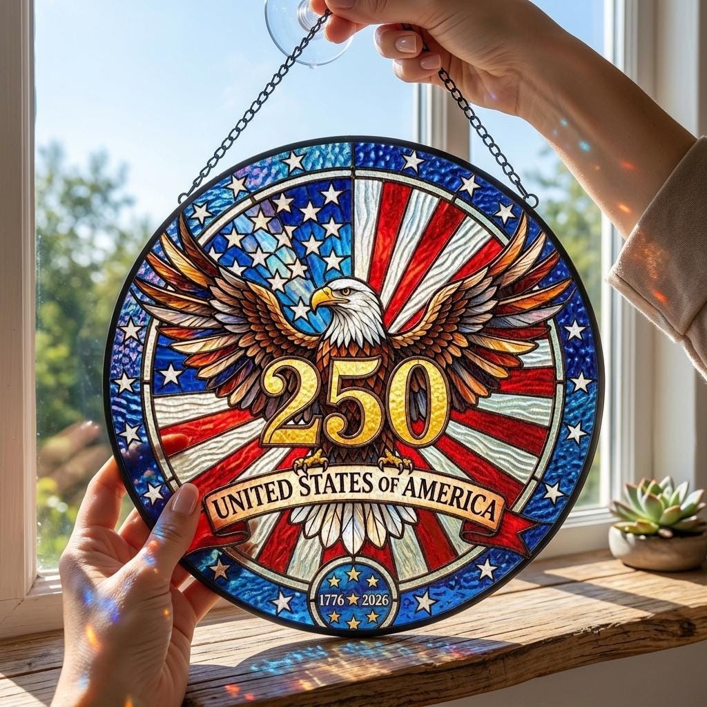 USA 250th Anniversary Stained Glass Suncatcher Patriotic Floral Acrylic Window