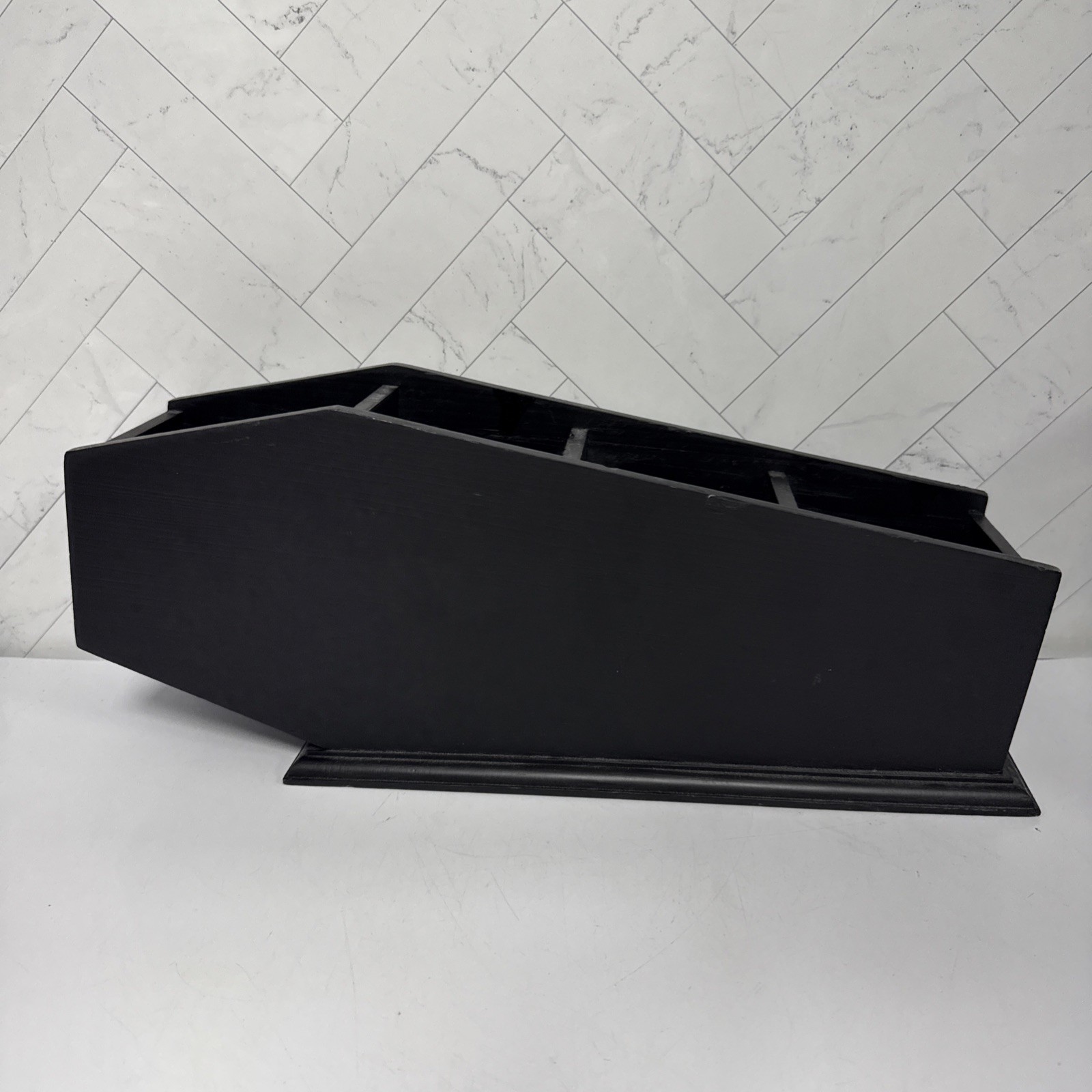 Black Wooden Coffin Display Remote Control Holder Shelf Free Standing Halloween