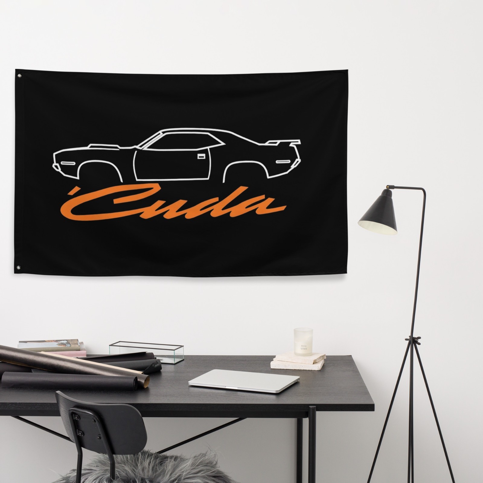 Cuda Wall Banner Barracuda Silhouette Orange Script Garage Decor 34×56