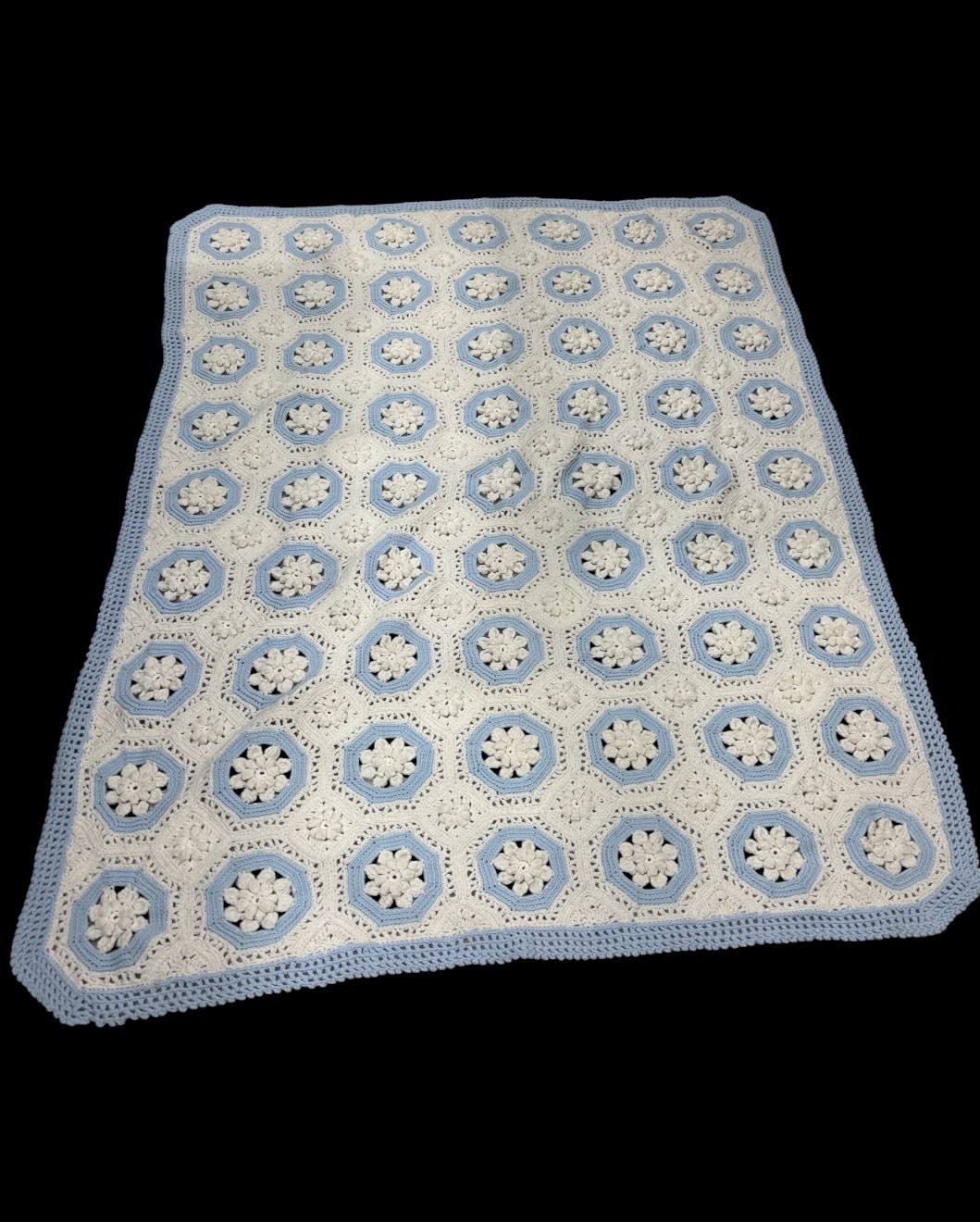 Vintage Handmade Crochet Afghan Blanket 50×62 3D Floral Granny Square Blue White