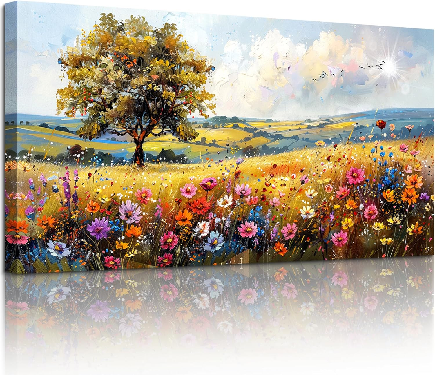 Spring Landscape Canvas Art – Colorful Tree & Wildflower Wall Decor 20×40 Inch
