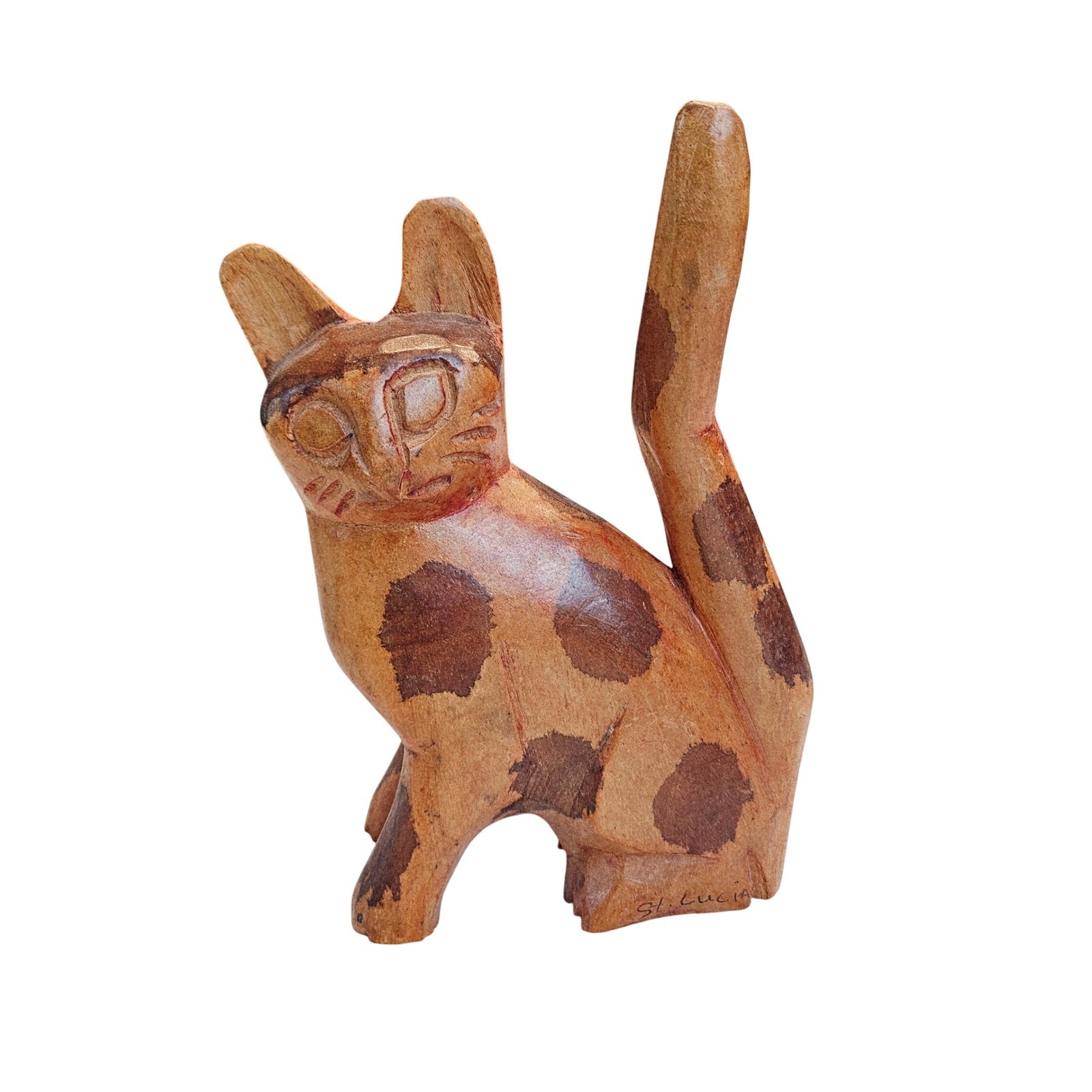 St. Lucia Brown Spotted Hand Carved Wood Cat Figurine Folk Art Decor Rustic Boho