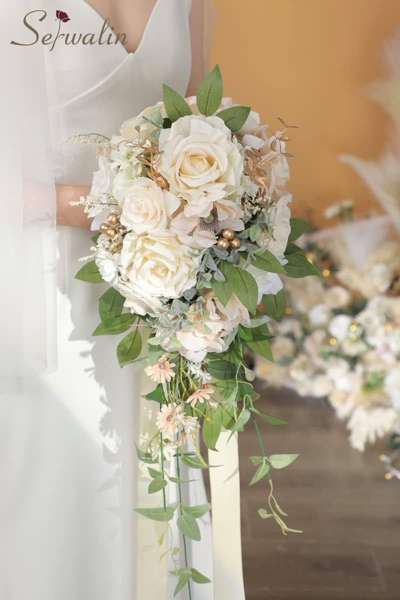 9.8 Inch Wedding Bouquets for Bride Bridesmaid, Champagne Rose Bridal Bouquets