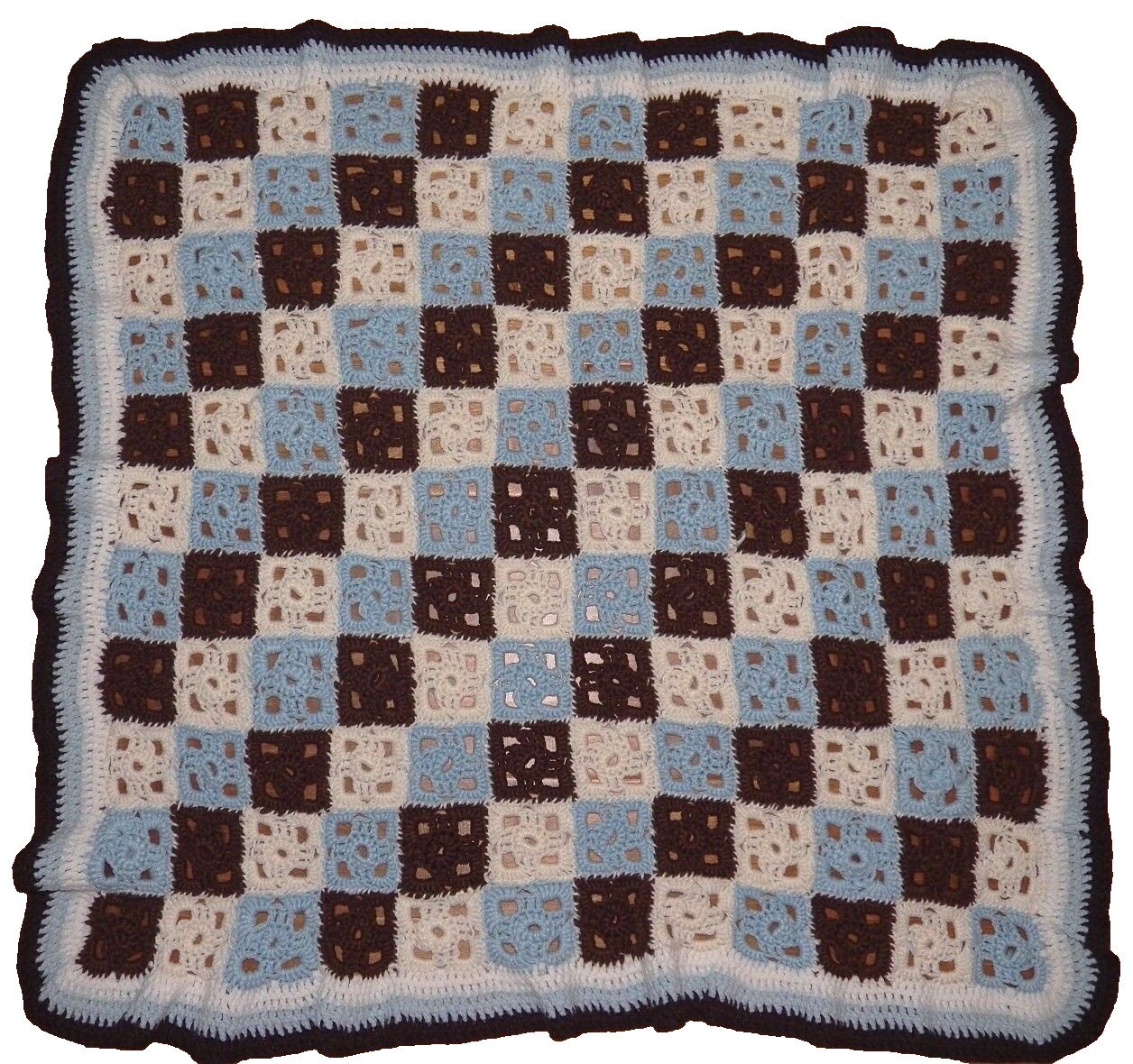 Crocheted Squares Afghan Lap Throw Blue White Brown Hand Made Vintage 43″ x 44″