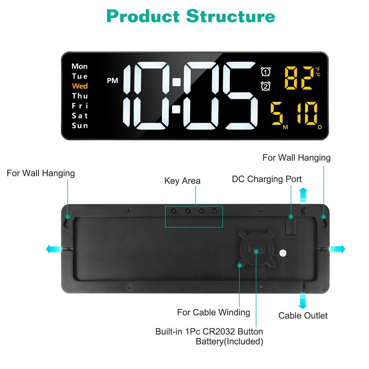 Digital Wall Clock Dual Alarm LED Digits Display Auto-Dimming 12/24Hr Time Clock