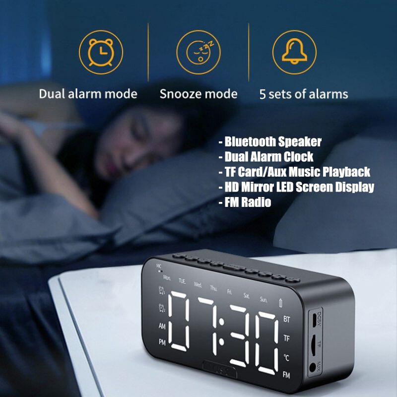 Portable Digital Alarm Clock FM Radio Wireless Bluetooth Mirror LED With Speaker