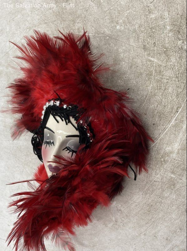 Red Black Ceramic With Feathers & Fringe Yarn Wall Hanger Womens Face Mask