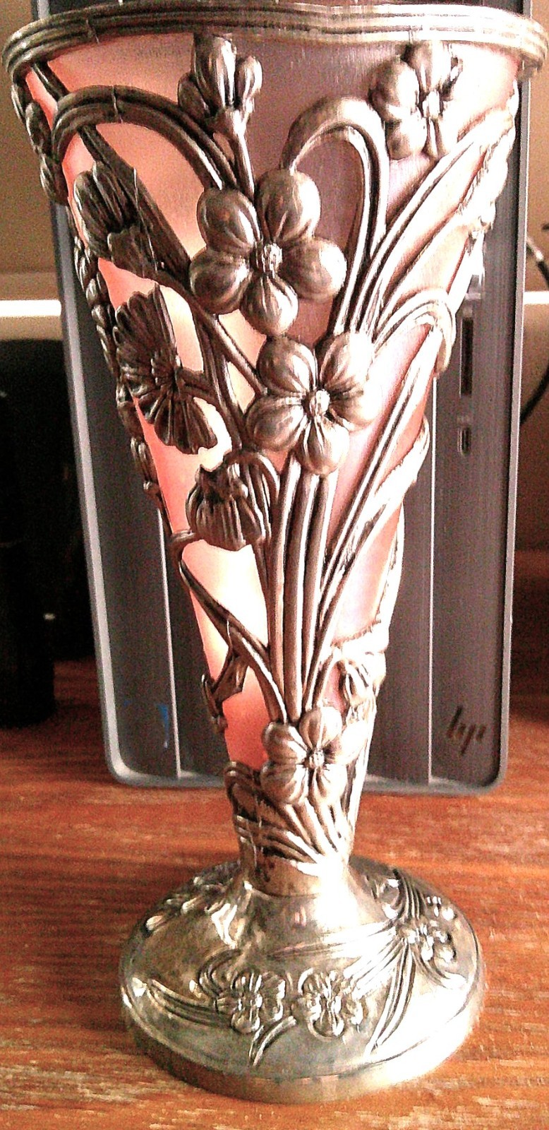 Silver-Plated 3D Floral Trumpet Vase, Frosted Peach Insert, Art Nouveau, 9-3/4″