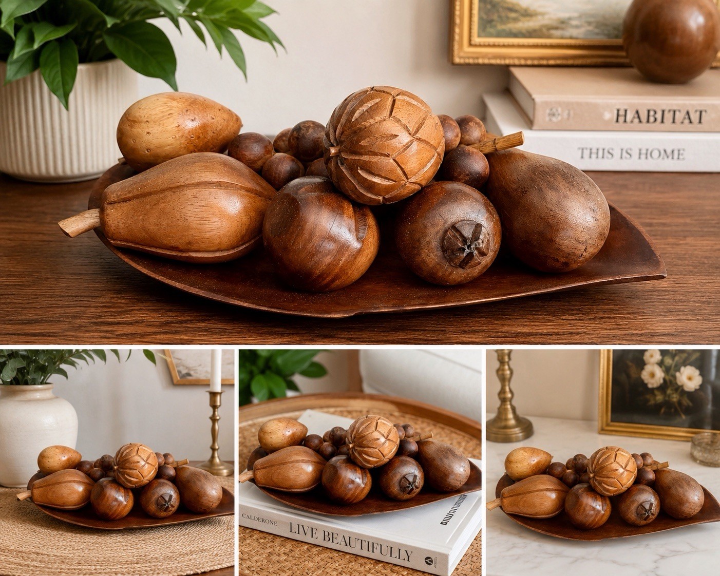 Vintage Hand-Carved Wooden Fruit Bowl Centerpiece Set