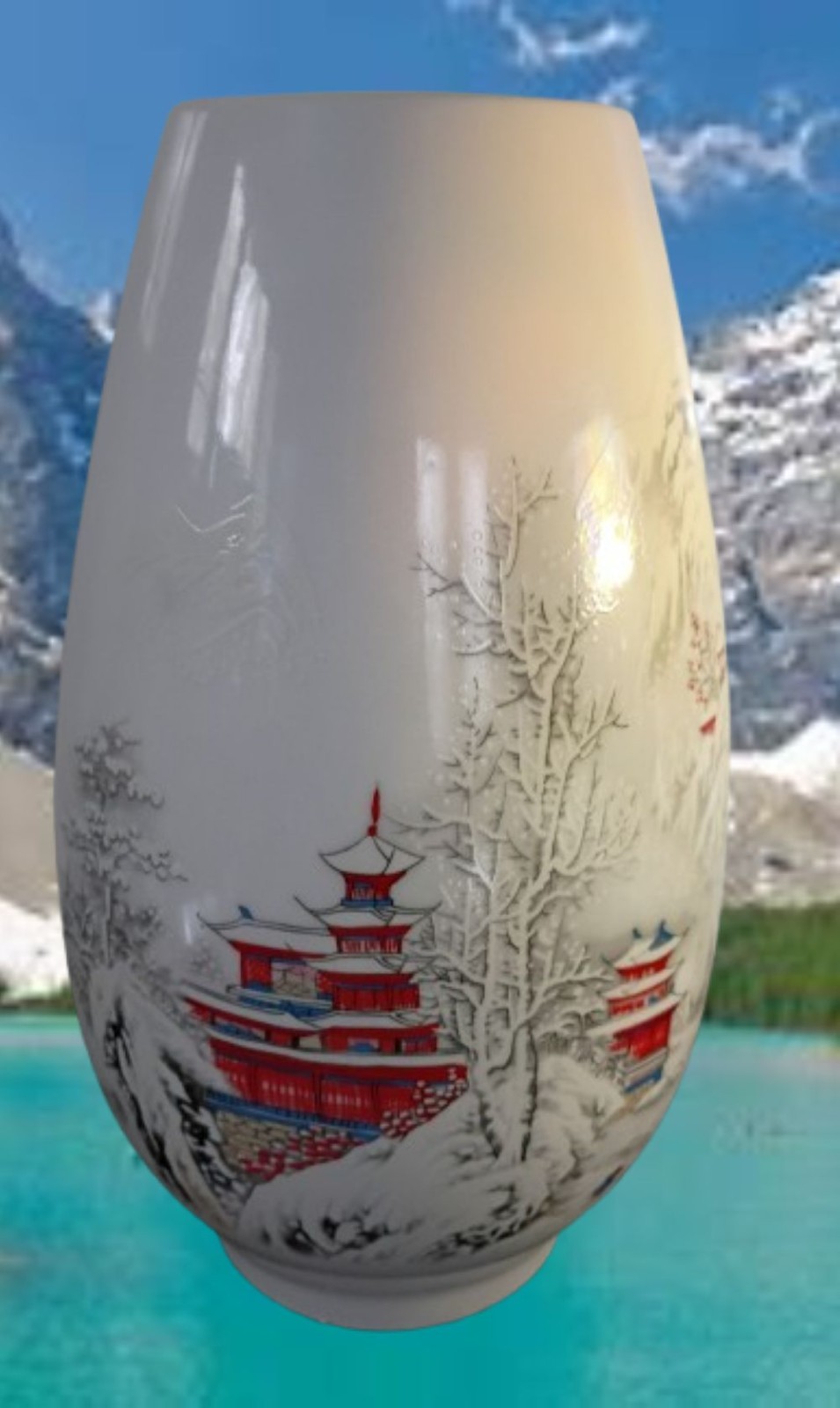 Chinese Snowy Mountain Village Vase / Height 9 inches / TM 809