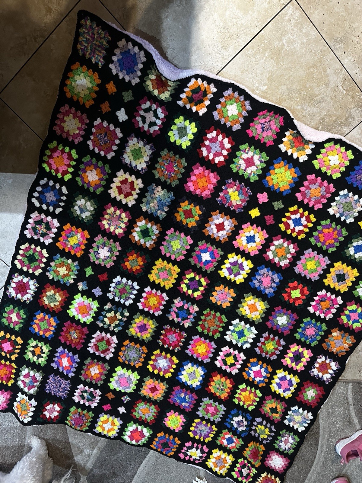 Granny Square Handmade Crochet Blanket Fleece Lined 54.5” x 61” Boho
