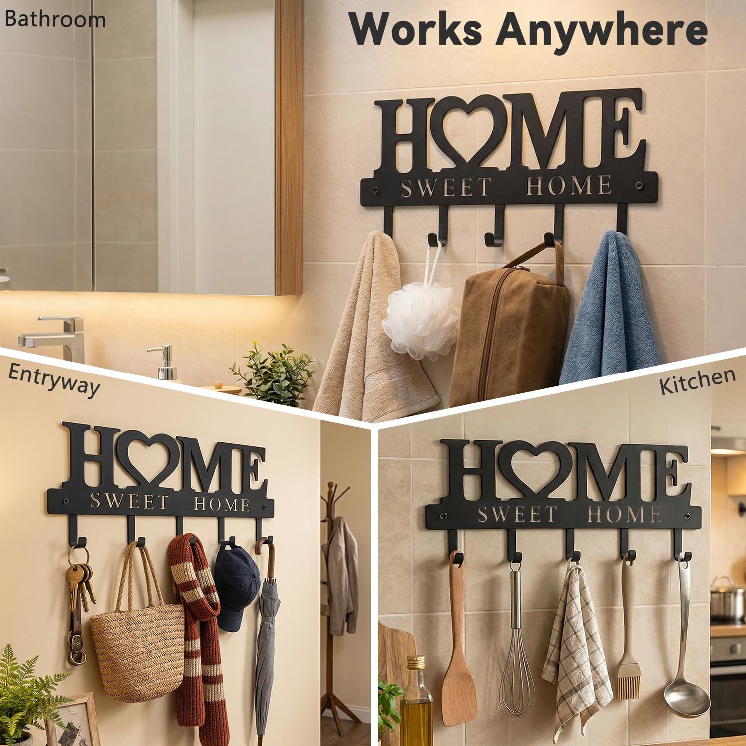 Entryway Wall Key Holder with 5 Hooks, Metal Key Rack Wall Mount for Keys, Bags