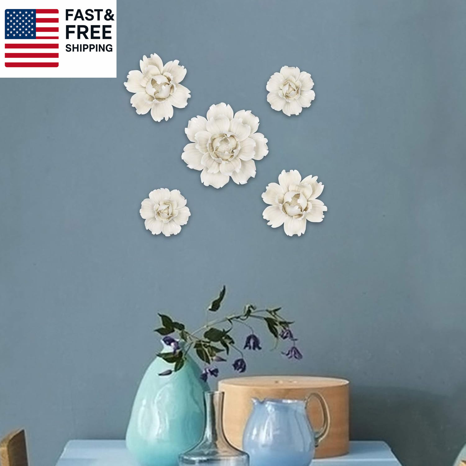 5 Pcs Ceramic Flower Wall Decor Handcrafted 3D Hanging Porcelain Flowers Wall Ar