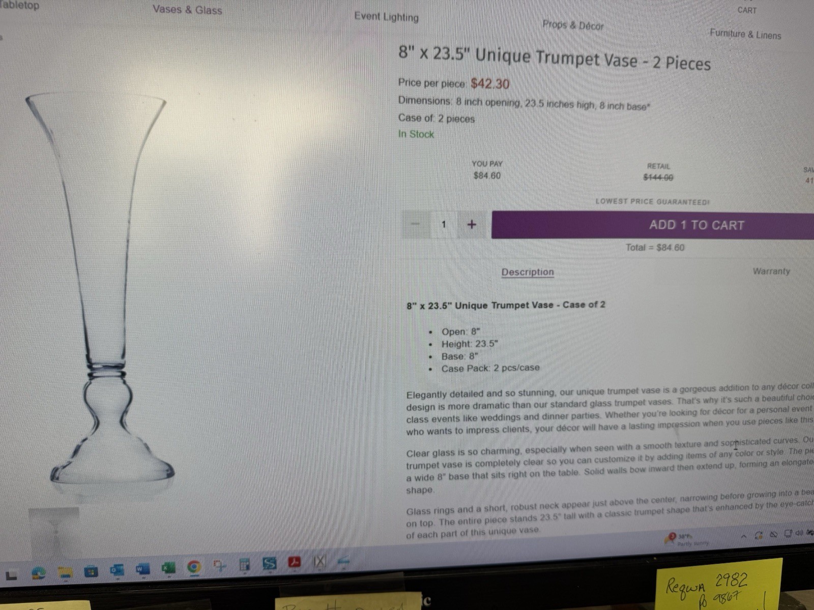 23.5” X 8” Clear Glass Flared Pedestal Vase
