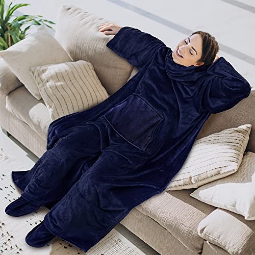 Blanket with Sleeves, Foot Pockets for Women Men Adults, Plush Fleece Navy