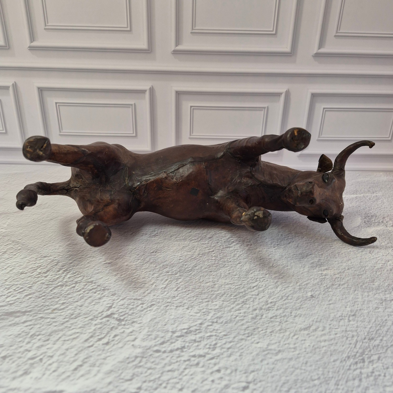 Vintage Handmade Leather Bull Sculpture Western Art Animal Figure 16″ Long