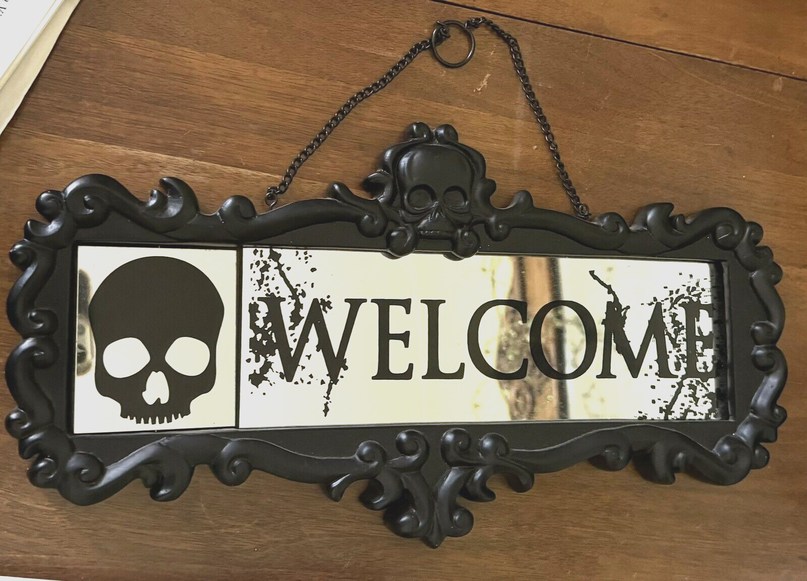 Gothic “Un-Welcome” Skull Mirror – Halloween Black Hanging Wall Decor Sign 13″