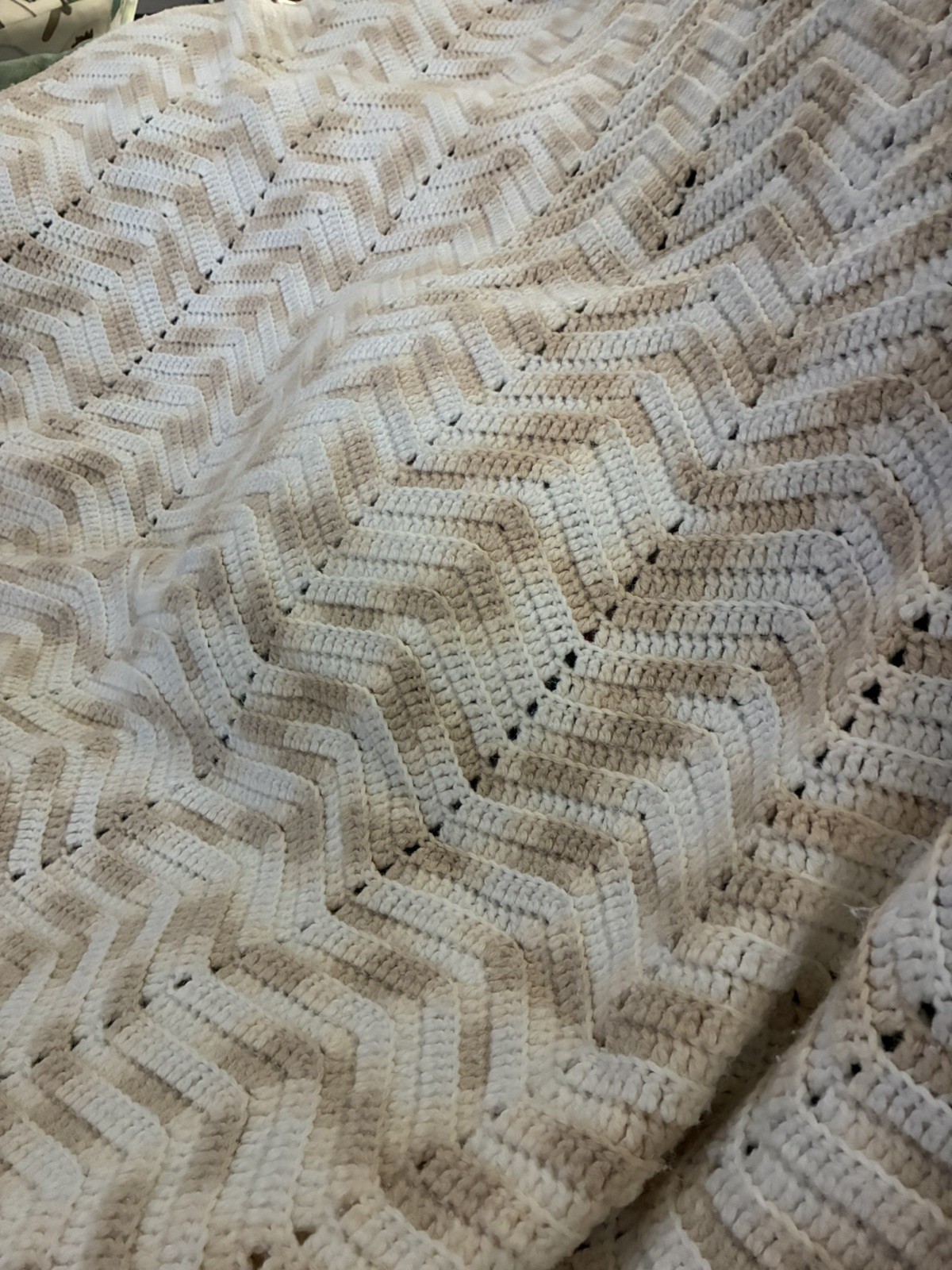 Handmade Crochet Afghan Throw Blanket Neutral Beige & White Cottage Core 68 x 68