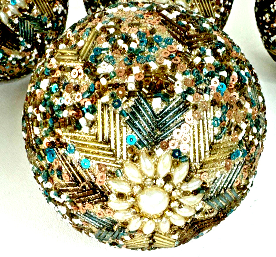 6 Peacock Decorative Orbs Balls 4” Covered In Beads & Sequens Multi Colors
