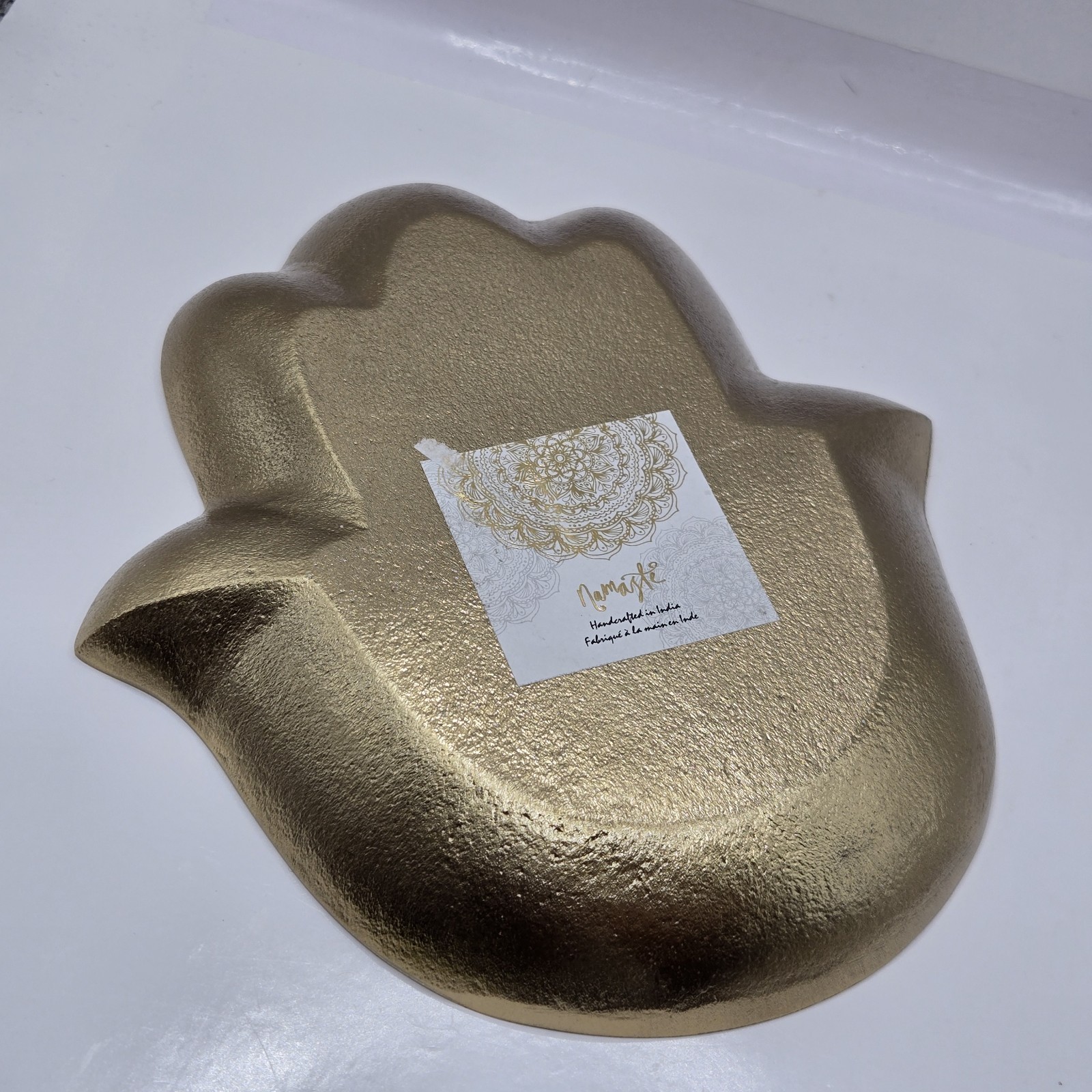 Embossed Metal Hamsa Namaste Protection Eye Hand Wicca Platter Sculpture 8″L 7″W
