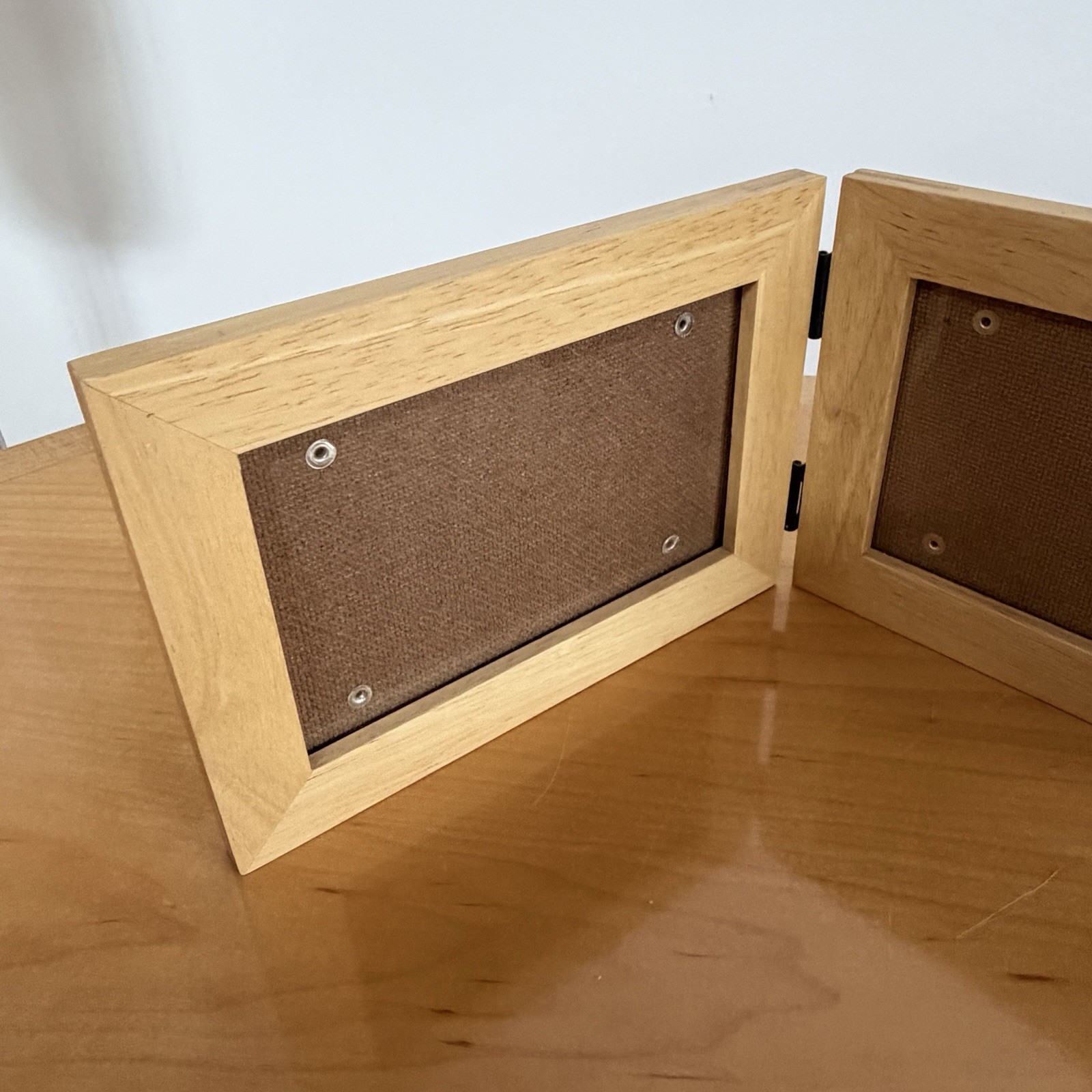 Hinged Double Picture Frame Wood Holds Two Photos Folding Display Wooden Natural