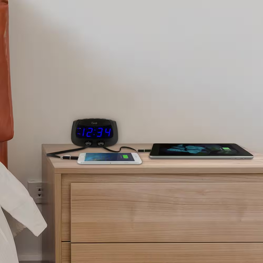 0.9 In. Blue LED Dual USB Digital Alarm Clock