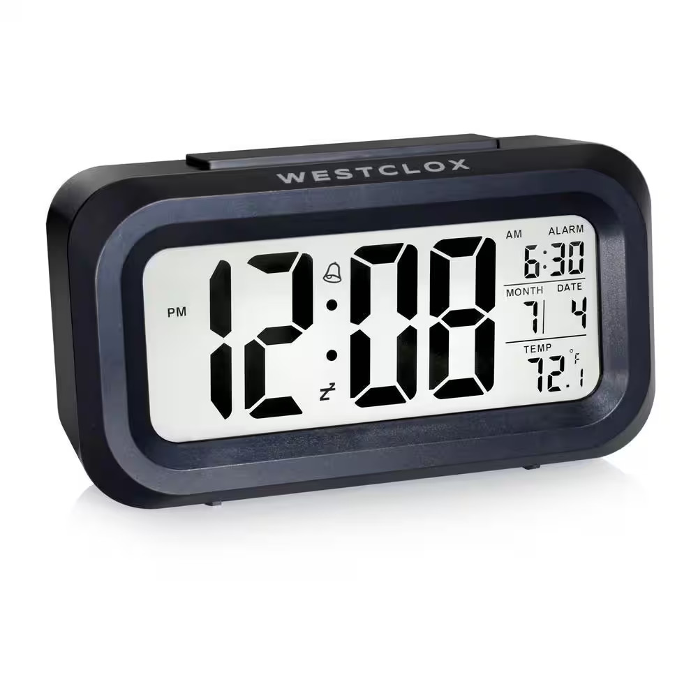 Westclox Black Digital Alarm Clock with Day/Date Display and LED Backlight- Batt