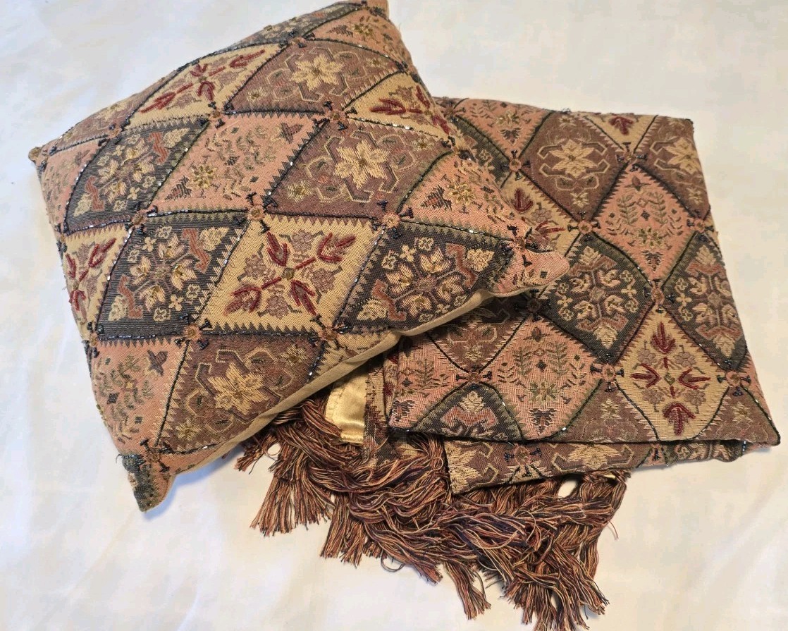Vtg Pier 1 Imports Boho Beaded Diamond Moroccan Tapestry Fringe Throw & Pillow