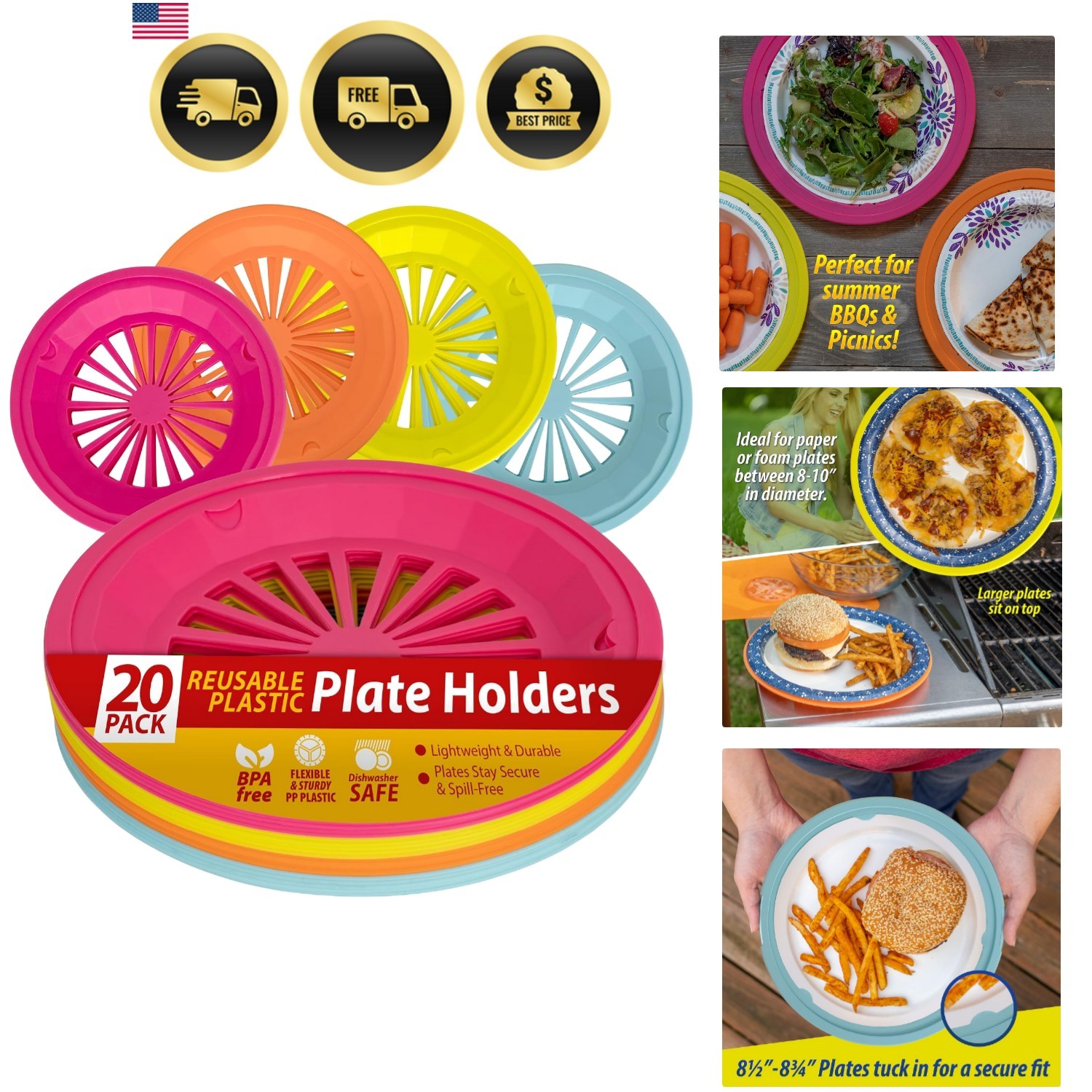 Plastic Plate Holders 10 Inch 20 Pack Reusable Dishwasher Safe Colorful Set